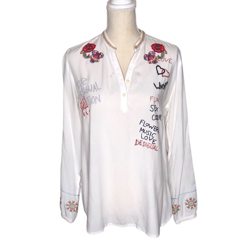 Desigual Art to Wear Embroidered Tunic Top Long Sleeve White Size Medium